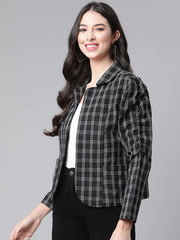 Women Black White Pure Cotton Checked Open Front Jacket