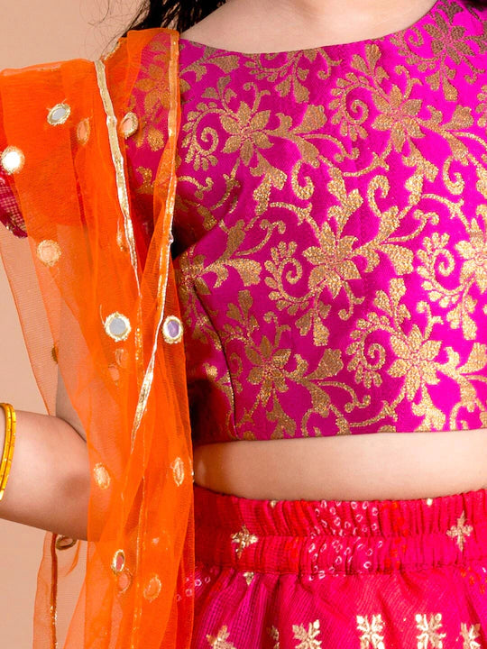 Girls Pink & Orange Ready to Wear Lehenga & Blouse With Dupatta