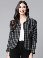 Women Black White Pure Cotton Checked Open Front Jacket