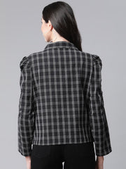 Women Black White Pure Cotton Checked Open Front Jacket