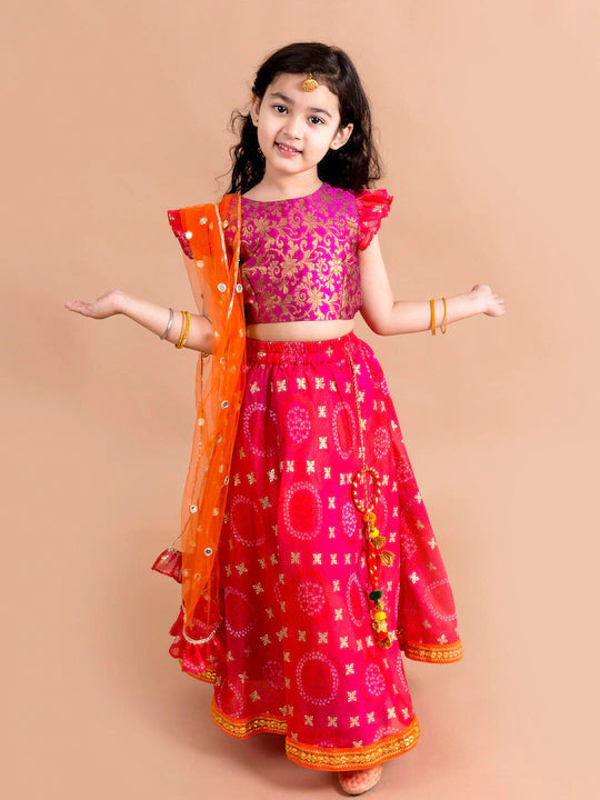 Girls Pink & Orange Ready to Wear Lehenga & Blouse With Dupatta