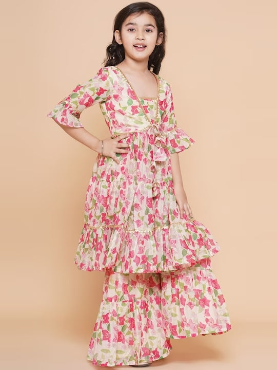 Girls Floral Printed Tiered Kurta with Sharara