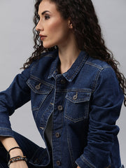 Women Blue Solid Denim Jacket